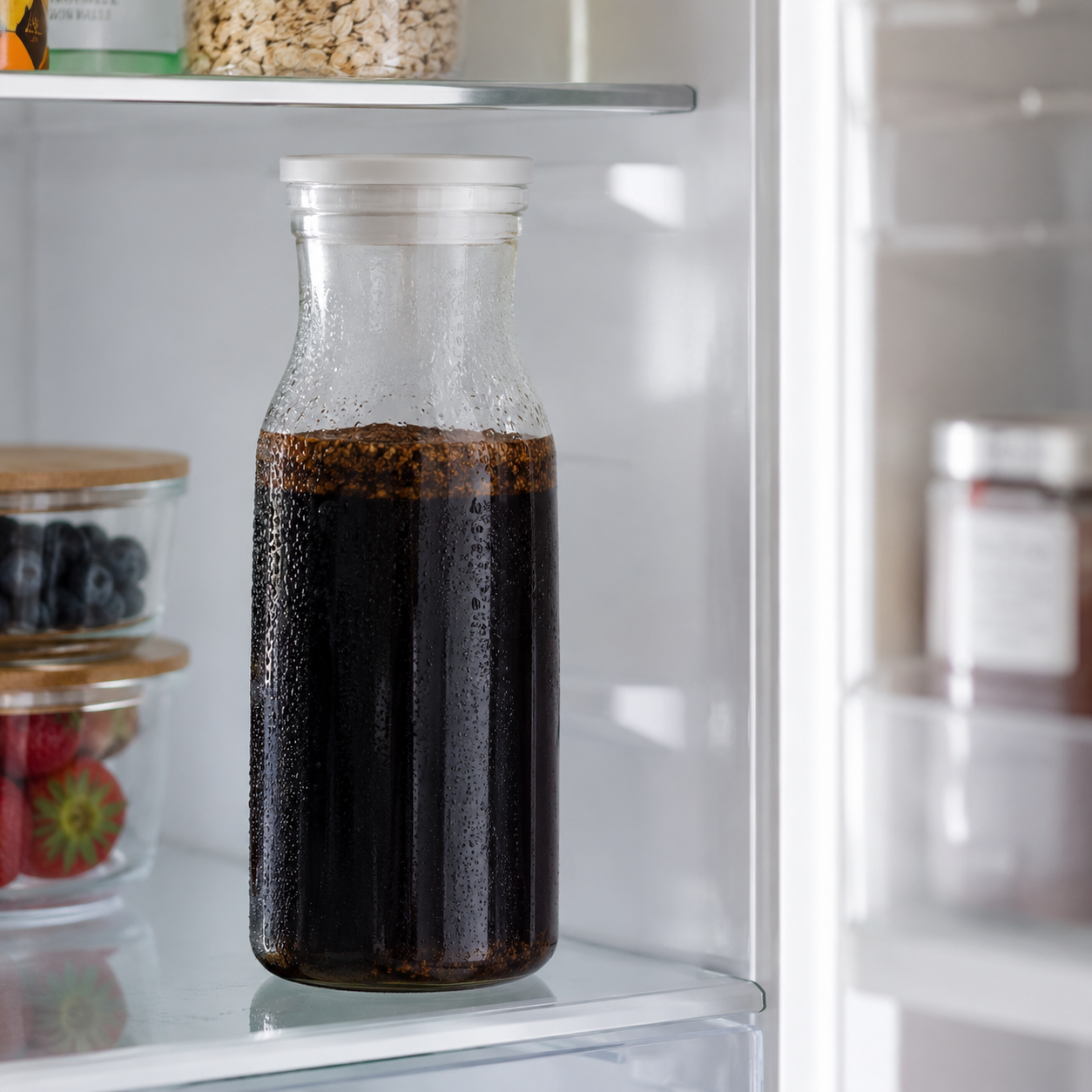 Příprava cold brew z Cold Brew Summer Kit – hrubé mletí, studená voda, louhování v lednici