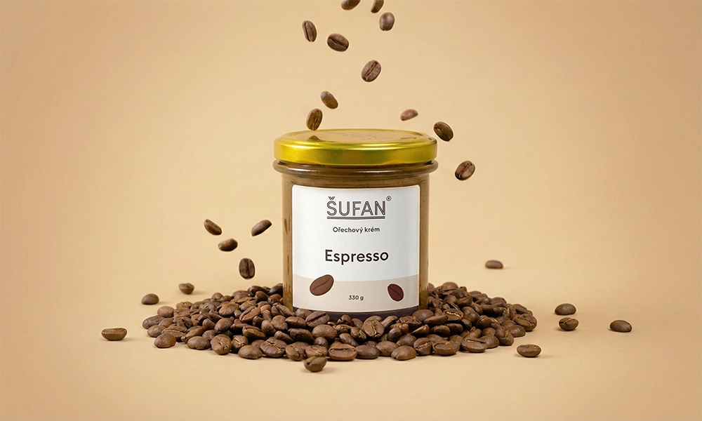 Espresso máslo Šufan 190 g – sklenice ořechového másla s kávou