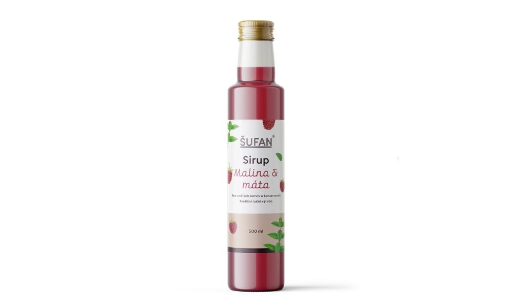 Malinový sirup s mátou Šufan & Sirupárna 500 ml – lahev sirupu